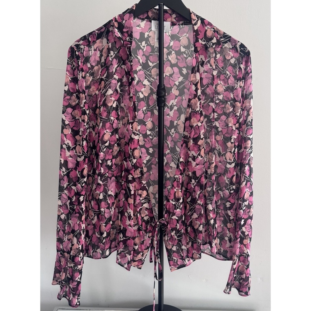 LOFT‎ Ann Taylor 100% Silk Floral Sheer Blouse 12 Tie Front Peplum Boho